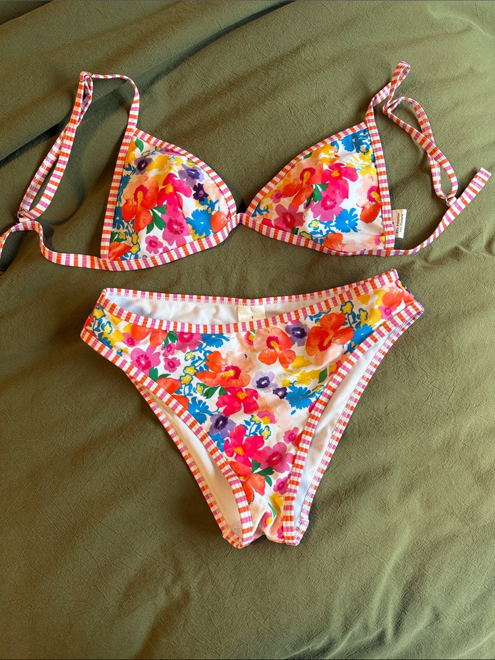 Floral Gingham Trim Bikini Set - Multicolor